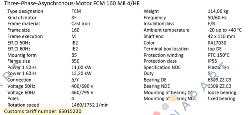 FCM 160 MB 4/HE  (IE2AC16MB400) ALTERNATIVES : PDM-4-B5-11-160M-G-Z1 or EDM-4-B5-11-160M-G-Z1 Moteur asynchrone triphasé