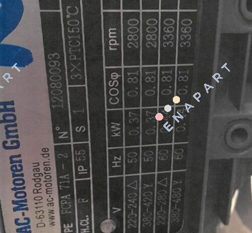 P/N: AC07A2100001-P-V031461 Type: FCPA 71 A 2  Moteur asynchrone compact